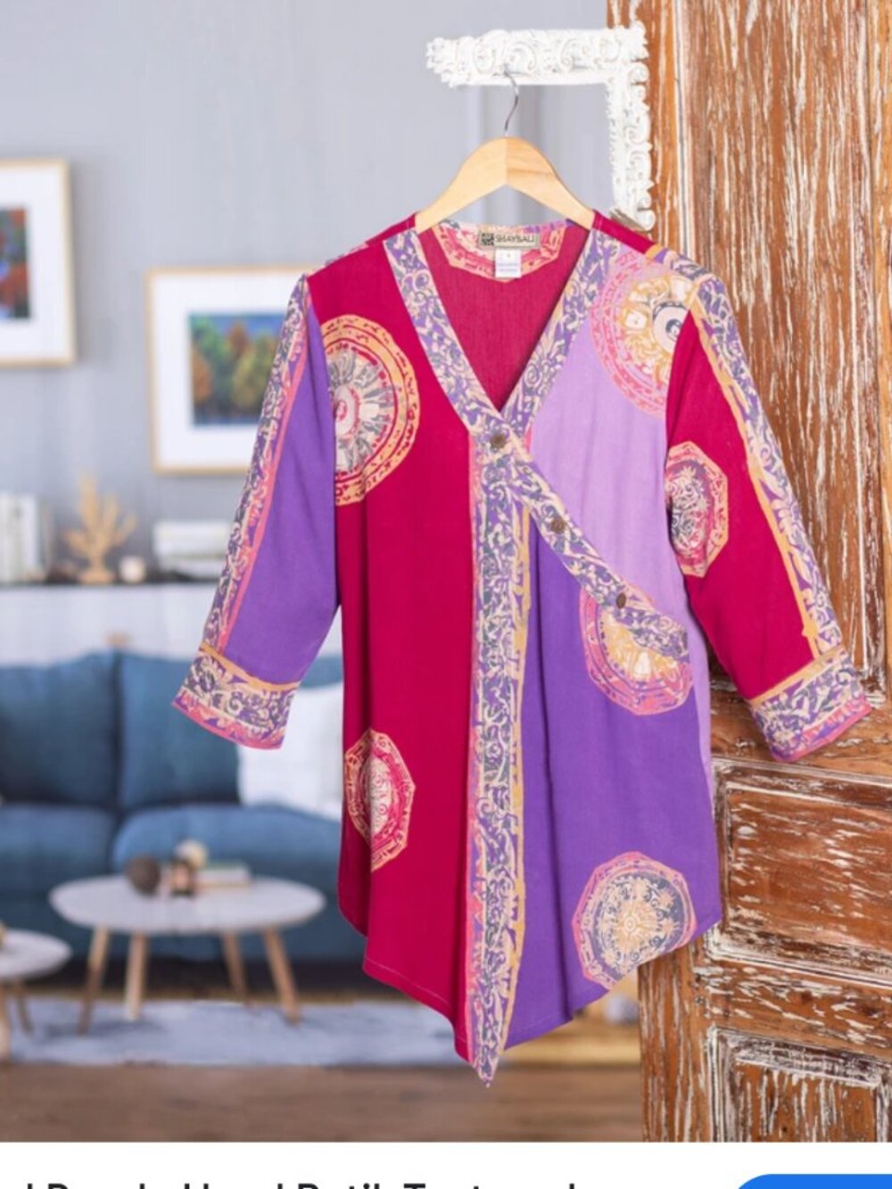 Novica Color Symphony in Purple Tunic Top Sz XXL Hand Batik 3/4 Sleeve Boho Art